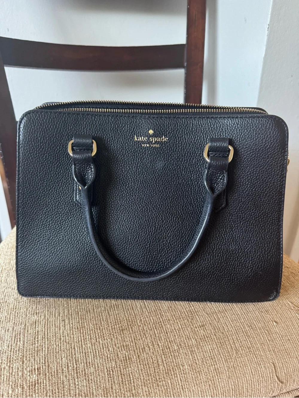 kate spade Black Pebbled Leather Double-Zip Satchel with Gold Hardware